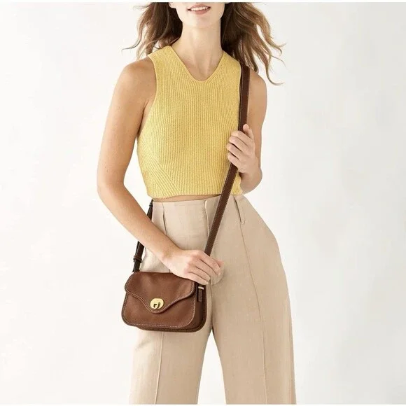 Fossil Heritage Mini Flap Crossbody Bag Brown Leather  EUC - Picture 2 of 16